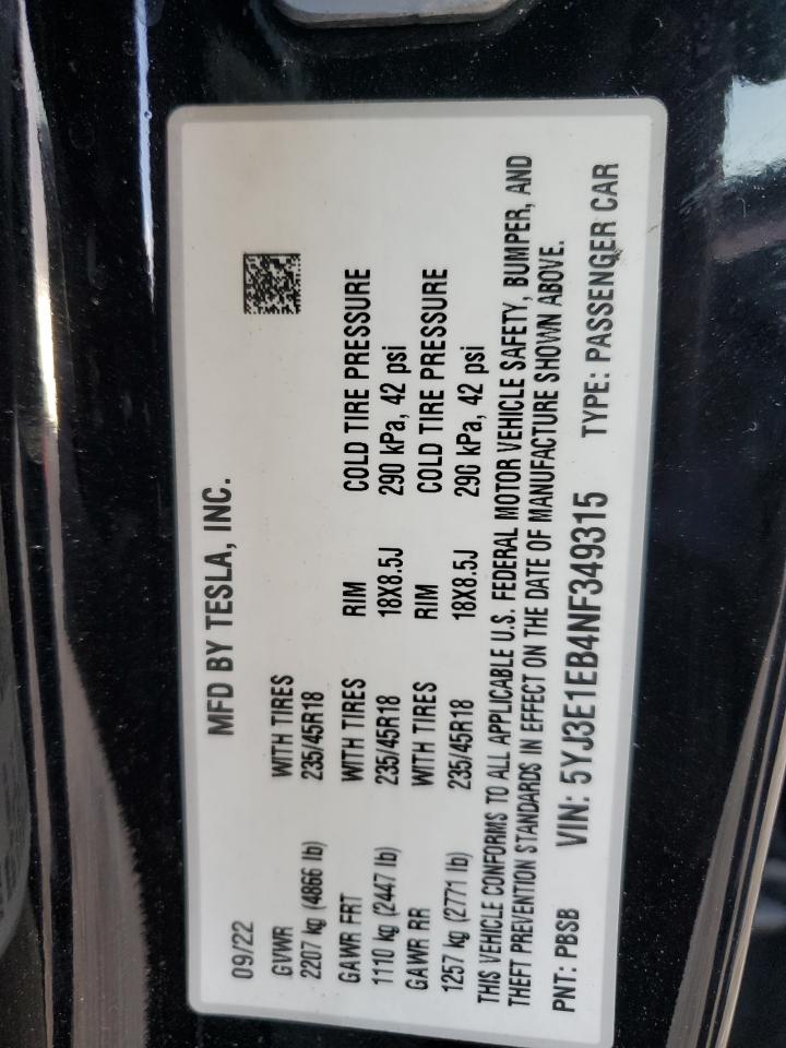 5YJ3E1EB4NF349315 2022 Tesla Model 3