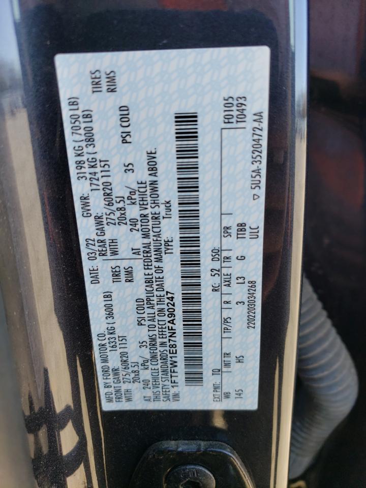 VIN: 1FTFW1E87NFA90247 2022 FORD F-150