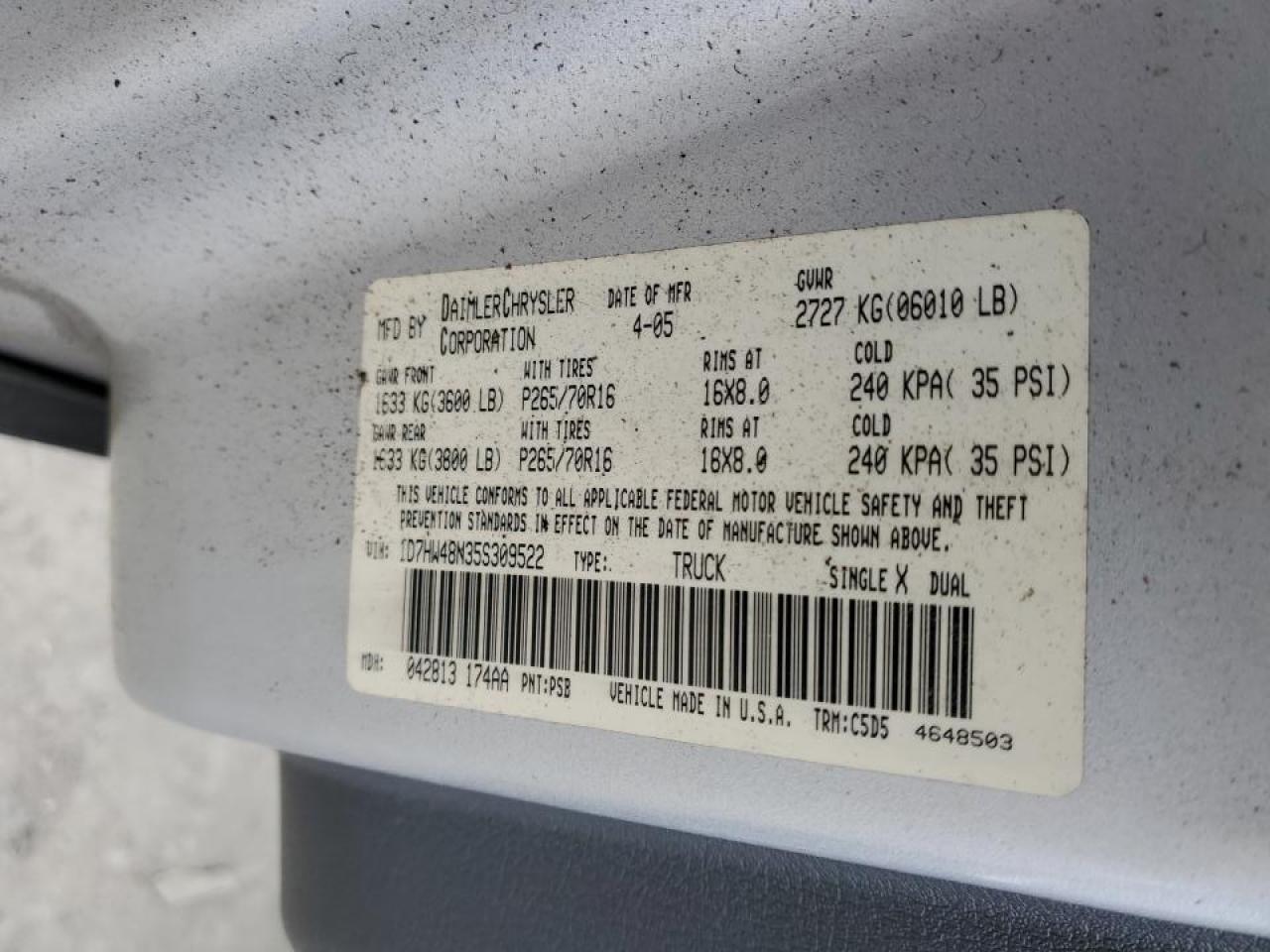 2005 Dodge Dakota Quad Slt VIN: 1D7HW48N35S309522 Lot: 45807815