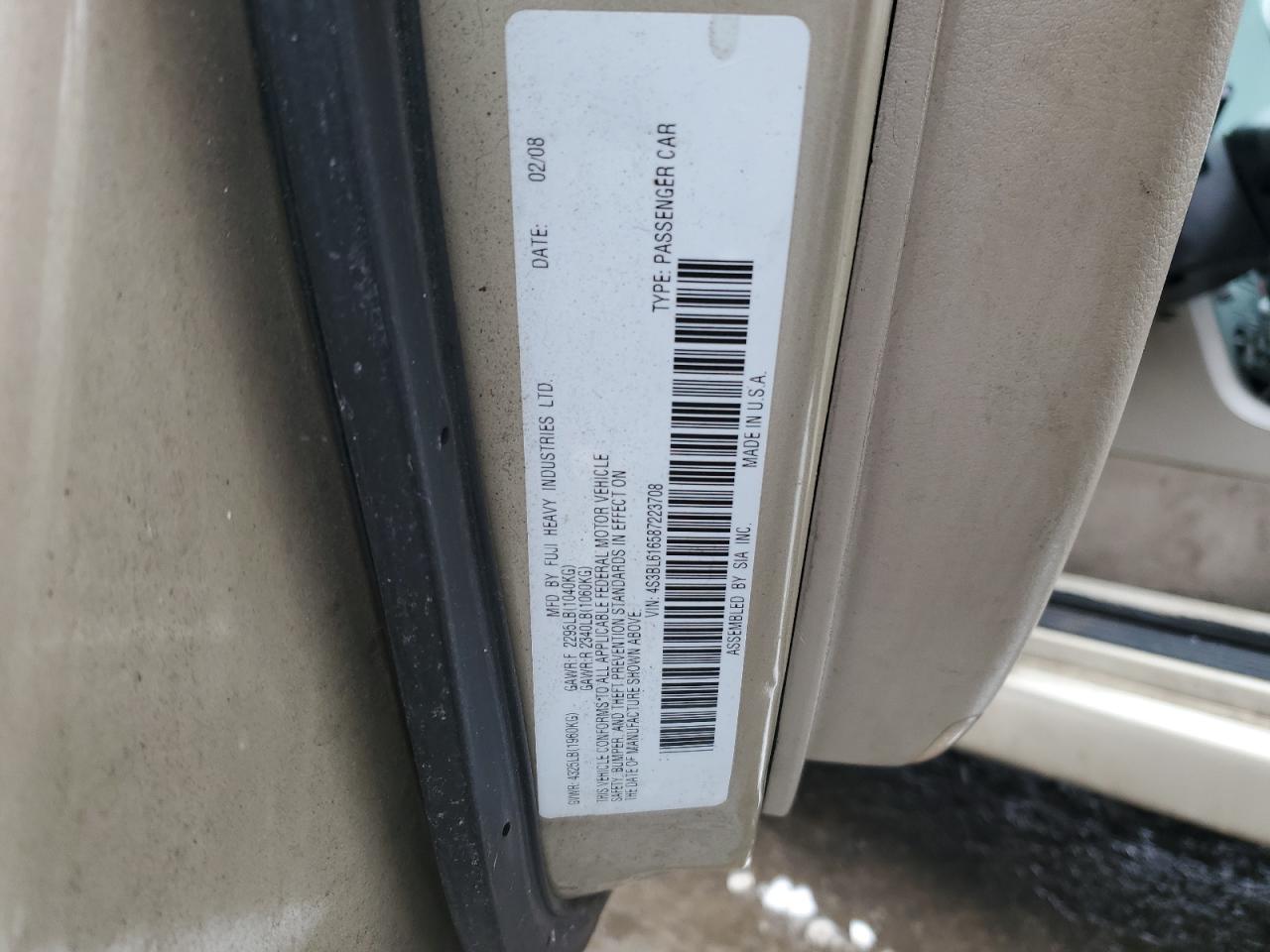 2008 Subaru Legacy 2.5I VIN: 4S3BL616587223708 Lot: 42492875