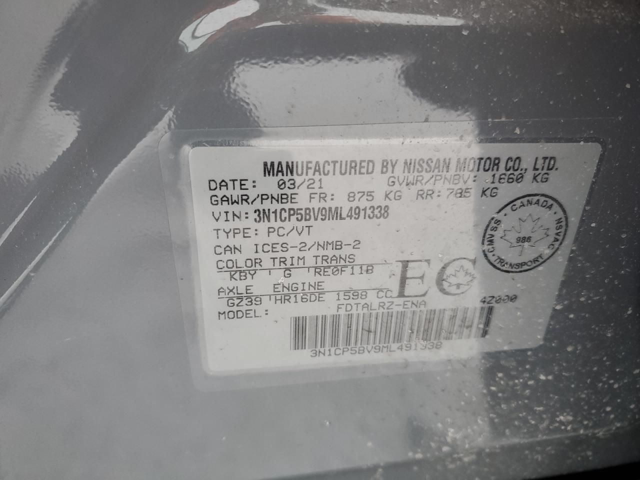 2021 Nissan Kicks S VIN: 3N1CP5BV9ML491338 Lot: 44050395