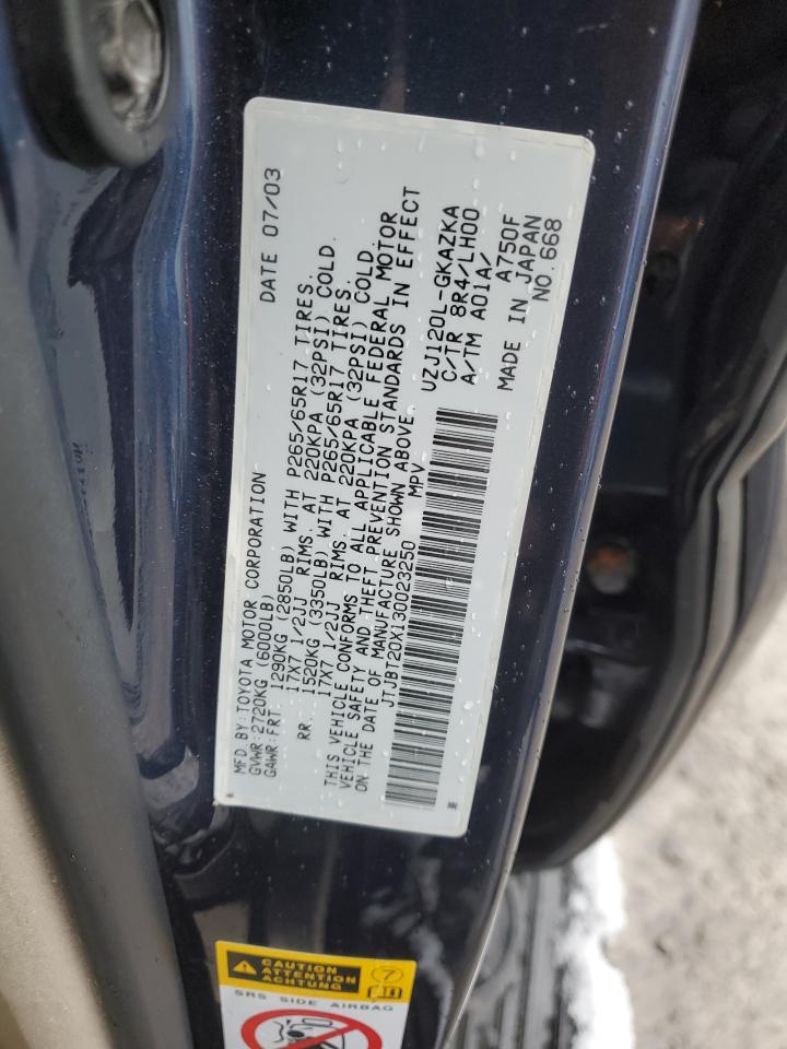 2003 Lexus Gx 470 VIN: JTJBT20X130023250 Lot: 46078905