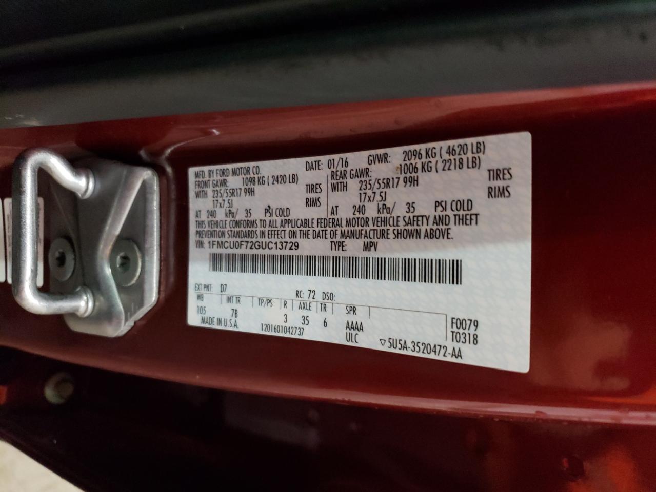 2016 Ford Escape S VIN: 1FMCU0F72GUC13729 Lot: 45107165
