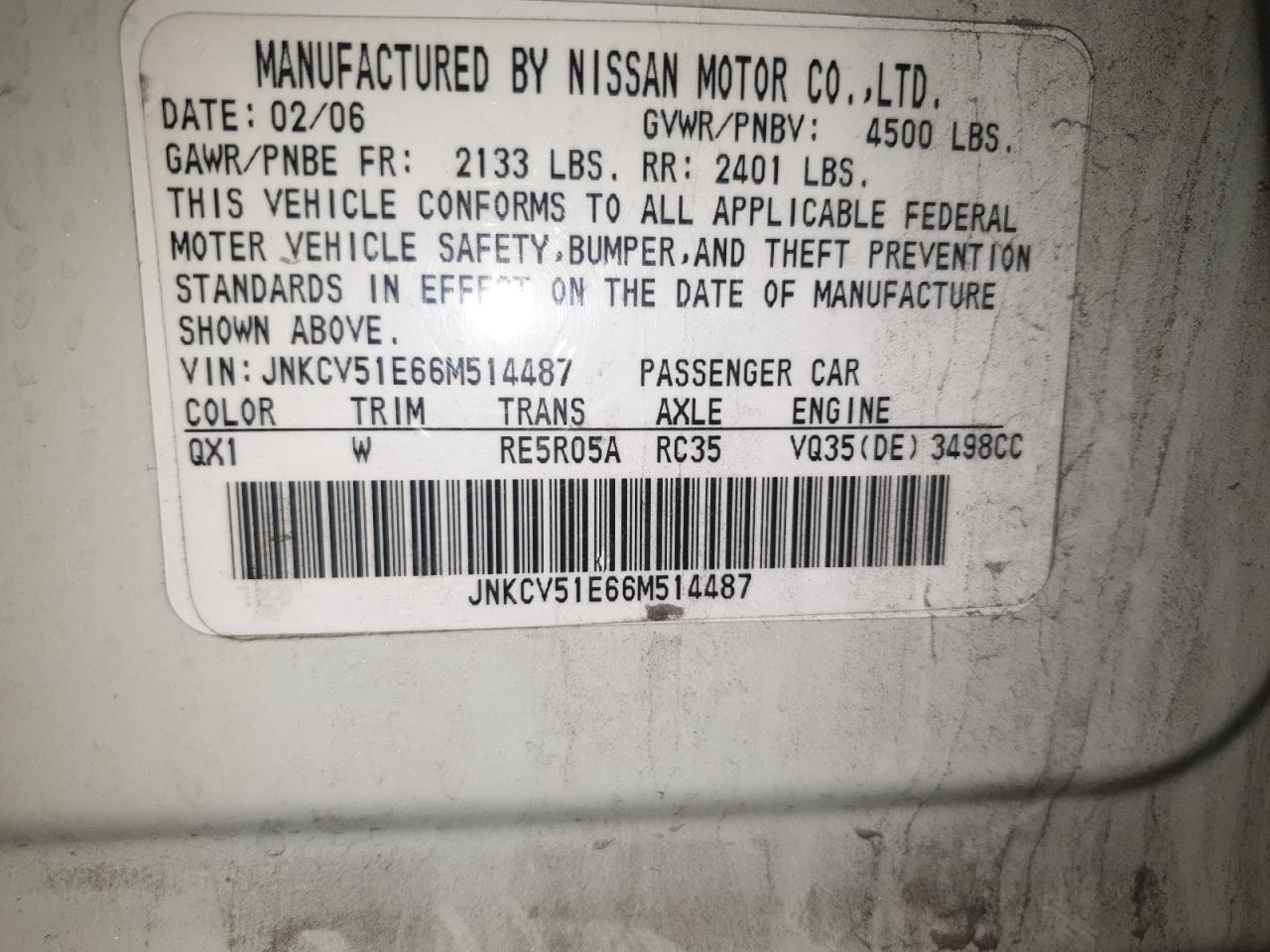 2006 Infiniti G35 VIN: 514487 Lot: 47505885