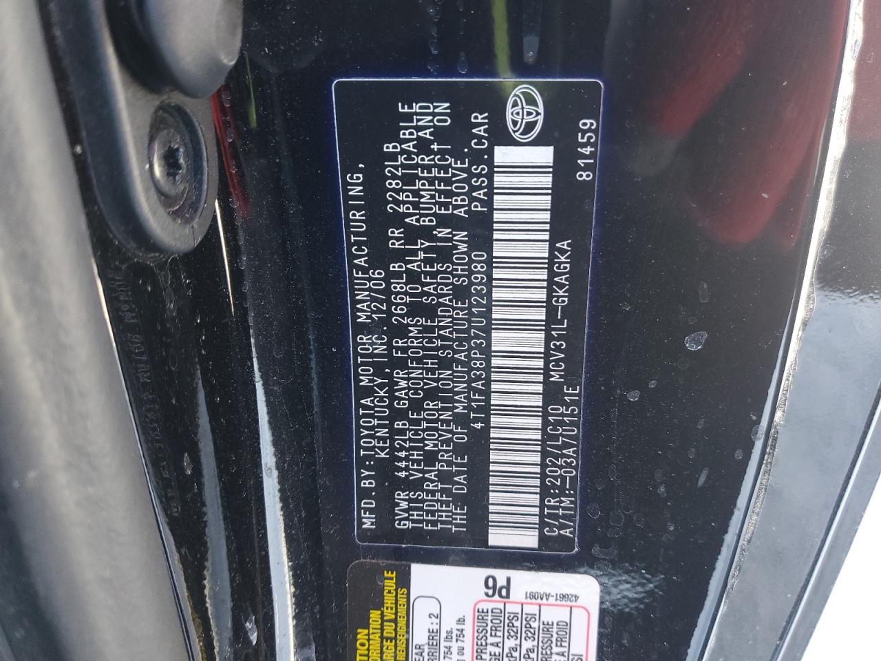 2007 Toyota Camry Solara Se VIN: 4T1FA38P37U123980 Lot: 46151645