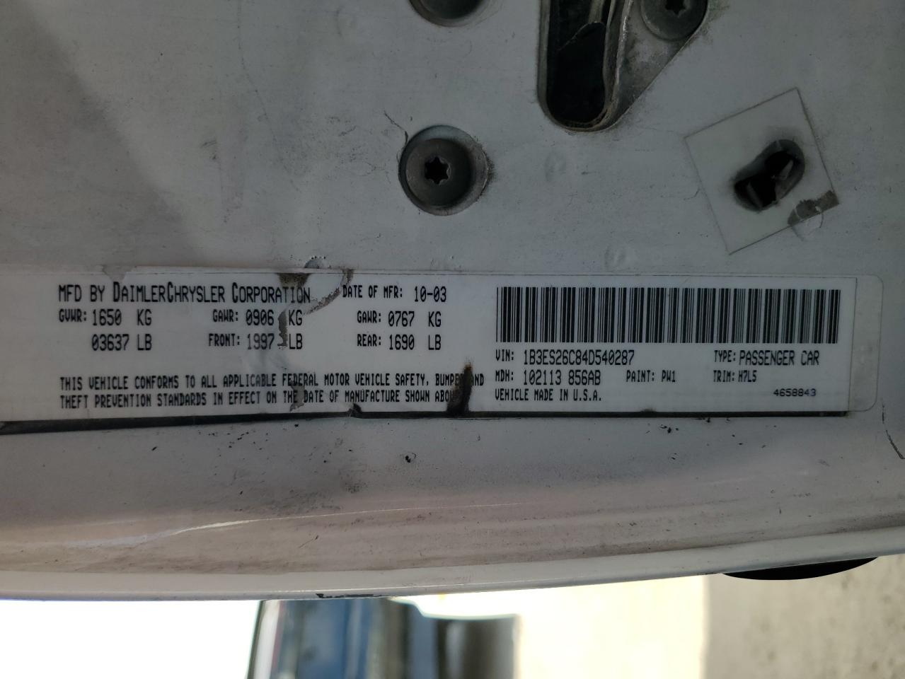 2004 Dodge Neon Base VIN: 1B3ES26C84D540287 Lot: 45035715