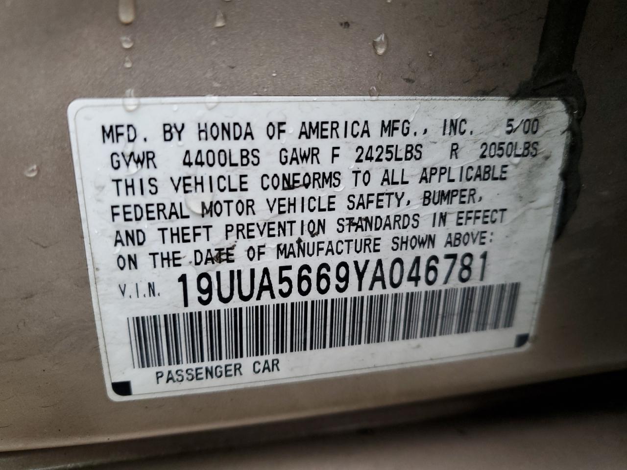 2000 Acura 3.2Tl VIN: 19UUA5669YA046781 Lot: 46755985