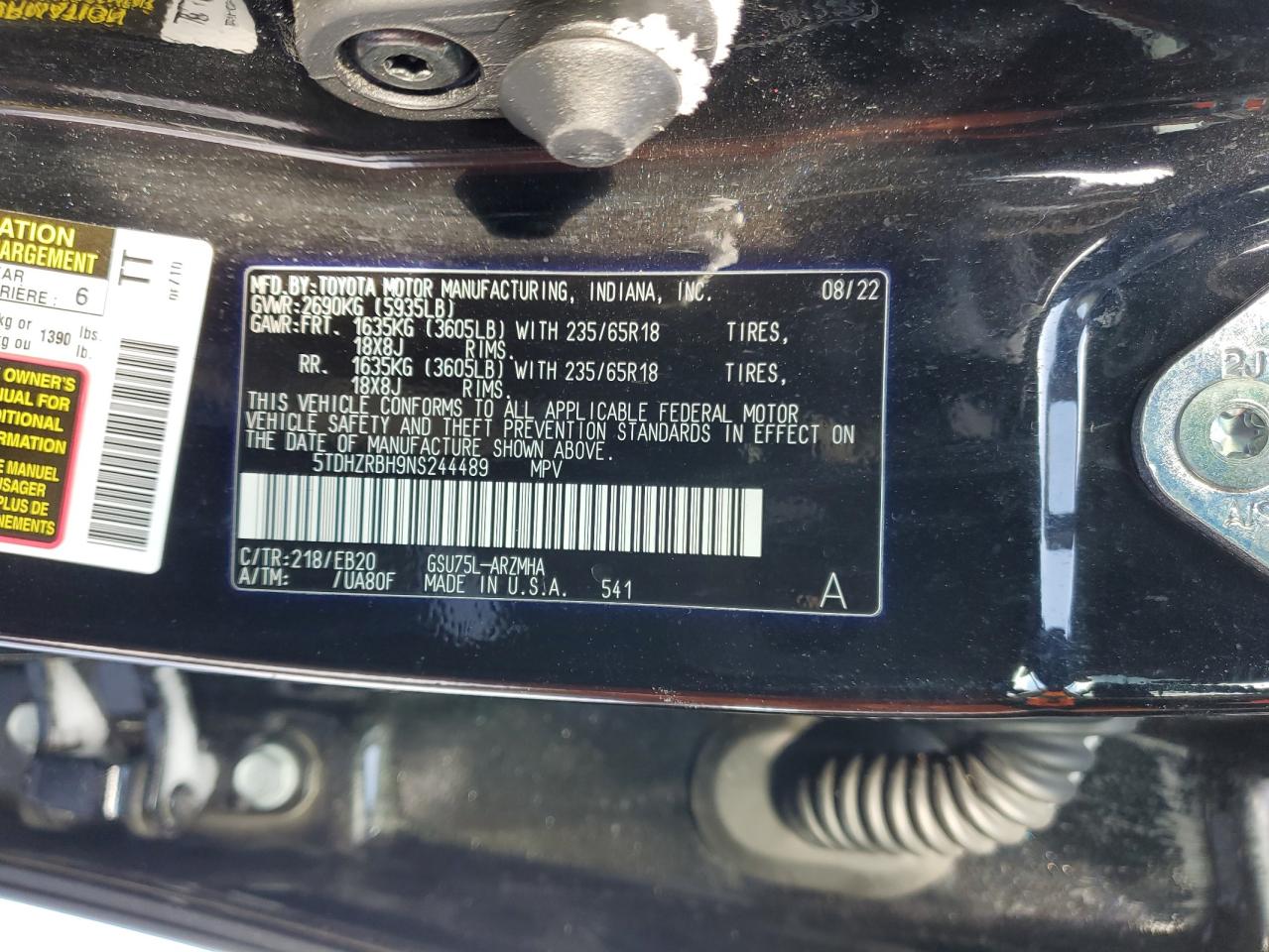 2022 Toyota Highlander Xle VIN: 5TDHZRBH9NS244489 Lot: 45878035