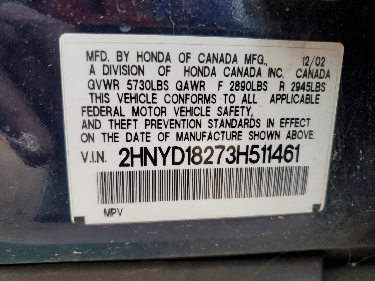 2003 Acura Mdx VIN: 2HNYD18273H511461 Lot: 45206495