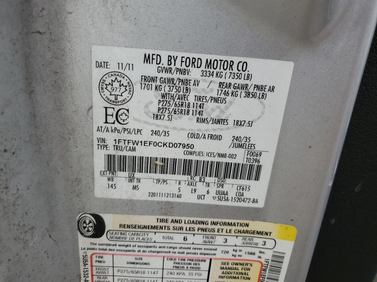 2012 Ford F150 Supercrew VIN: 1FTFW1EF0CKD07950 Lot: 43811835