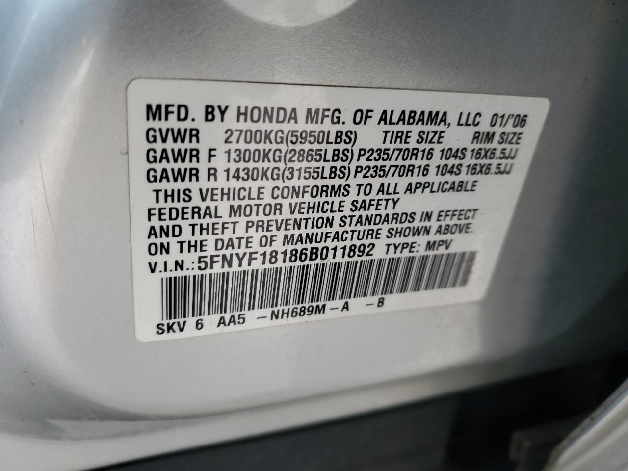 2006 Honda Pilot Lx VIN: 5FNYF18186B011892 Lot: 45564615