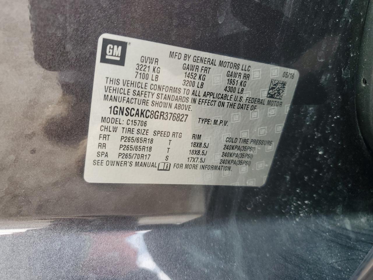 2016 Chevrolet Tahoe C1500 Ls VIN: 1GNSCAKC8GR376827 Lot: 45716545