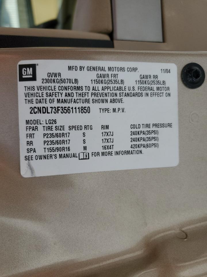 2005 Chevrolet Equinox Lt VIN: 2CNDL73F356111850 Lot: 42759605