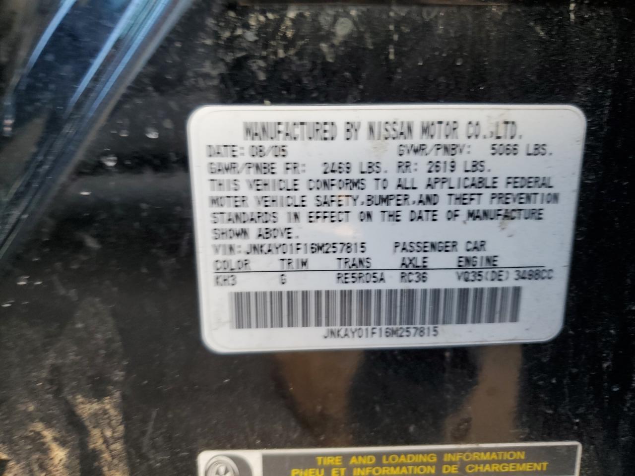 2006 Infiniti M35 Base VIN: JNKAY01F16M257815 Lot: 43999575