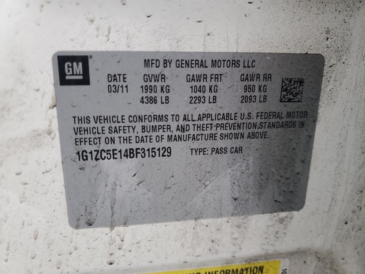 2011 Chevrolet Malibu 1Lt VIN: 1G1ZC5E14BF315129 Lot: 44398385