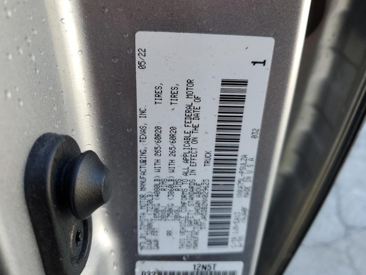 2022 Toyota Tundra Crewmax Limited VIN: 5TFJA5DB2NX029623 Lot: 44953575