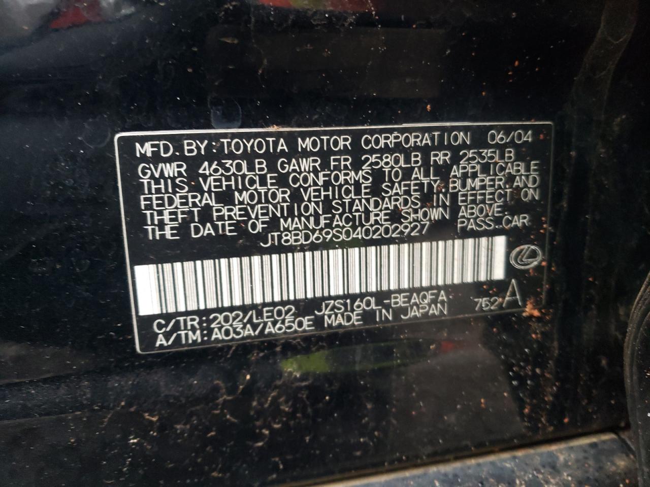 2004 Lexus Gs 300 VIN: JT8BD69S040202927 Lot: 45046305