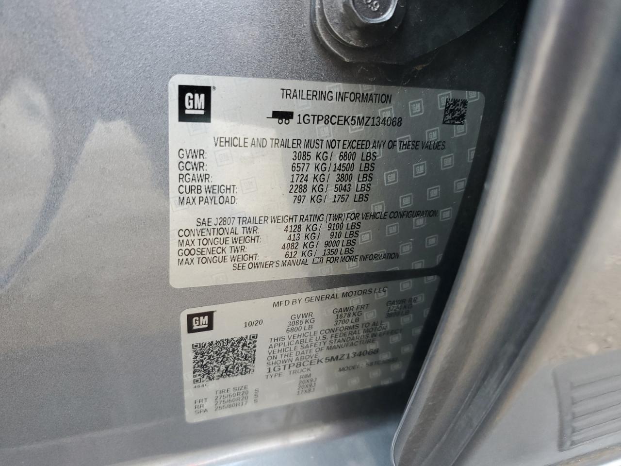 2021 GMC Sierra C1500 Elevation VIN: 1GTP8CEK5MZ134068 Lot: 44616975