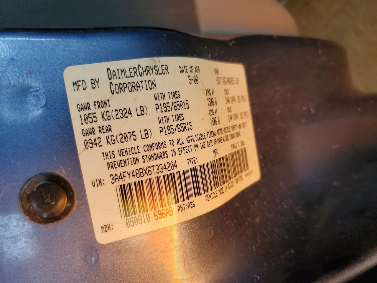 2007 Chrysler Pt Cruiser VIN: 3A4FY48BX6T334204 Lot: 44964965