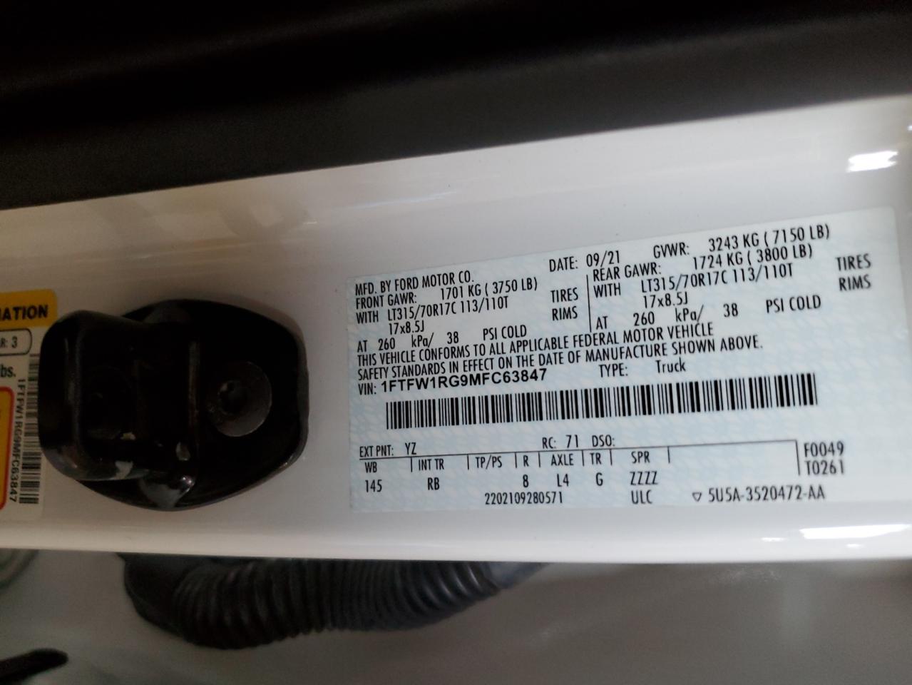 VIN: 1FTFW1RG9MFC63847 2021 FORD F150