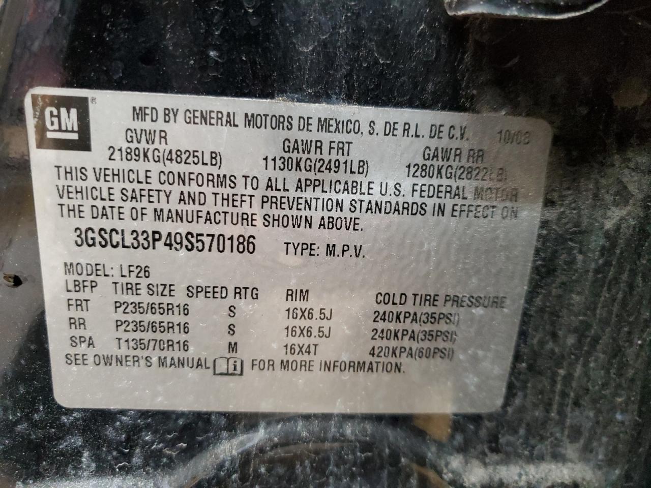 2009 Saturn Vue Xe VIN: 3GSCL33P49S570186 Lot: 45784745