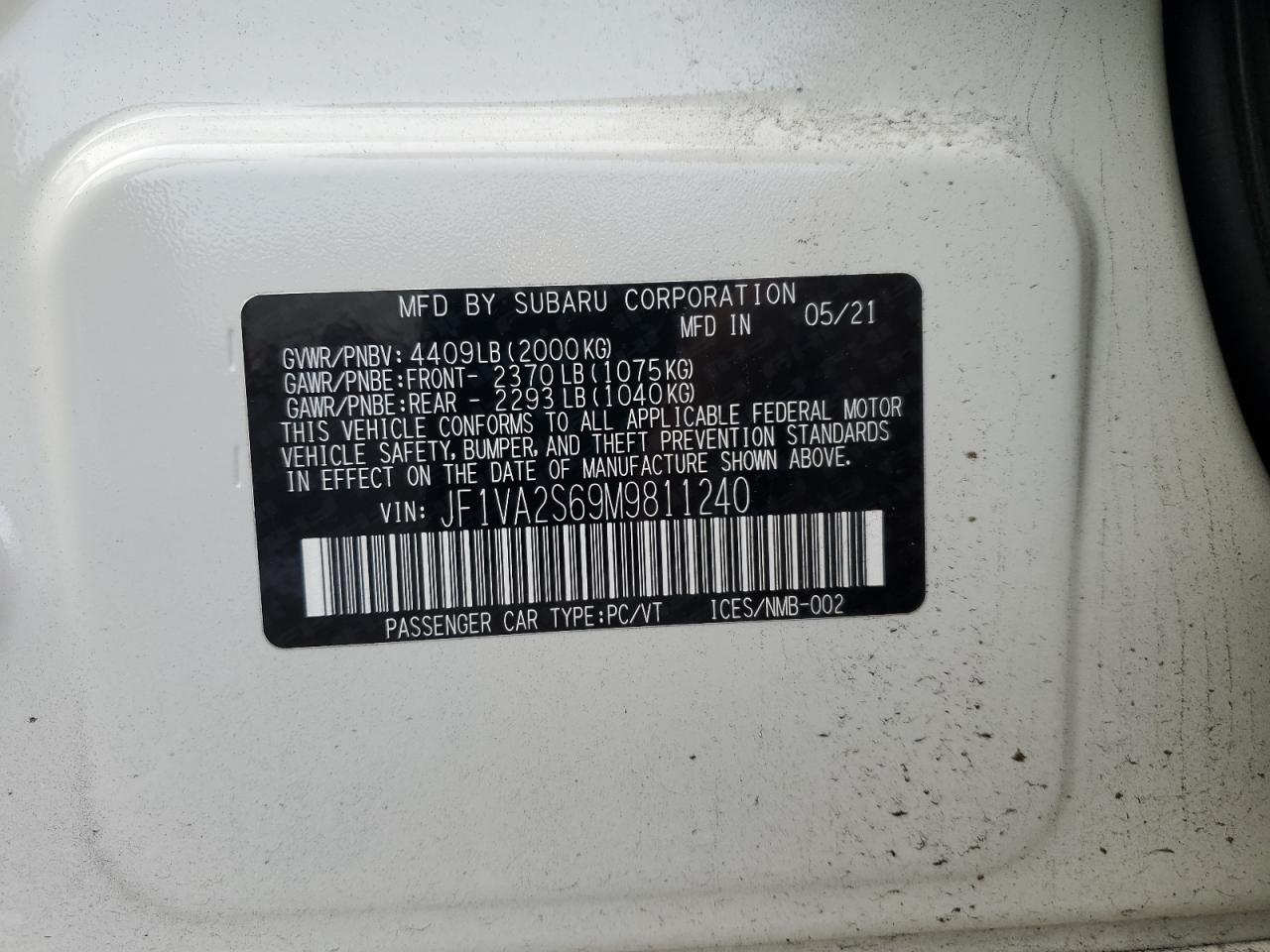 2021 Subaru Wrx Sti VIN: JF1VA2S69M9811240 Lot: 81196594