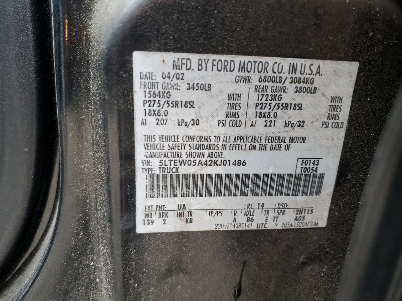 2002 Lincoln Blackwood VIN: 5LTEW05A42KJ01486 Lot: 86622814