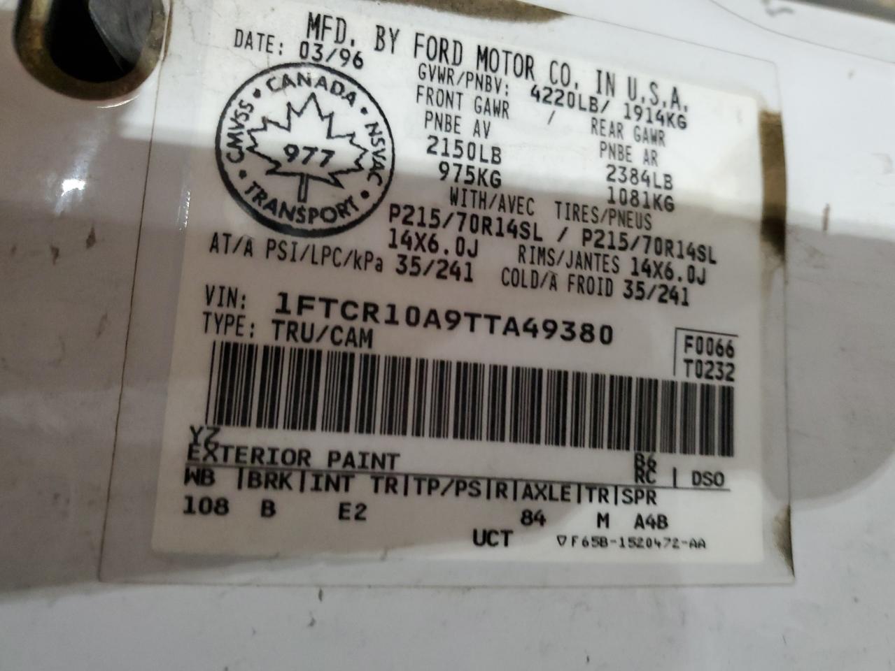 1996 Ford Ranger VIN: 1FTCR10A9TTA49380 Lot: 45055465