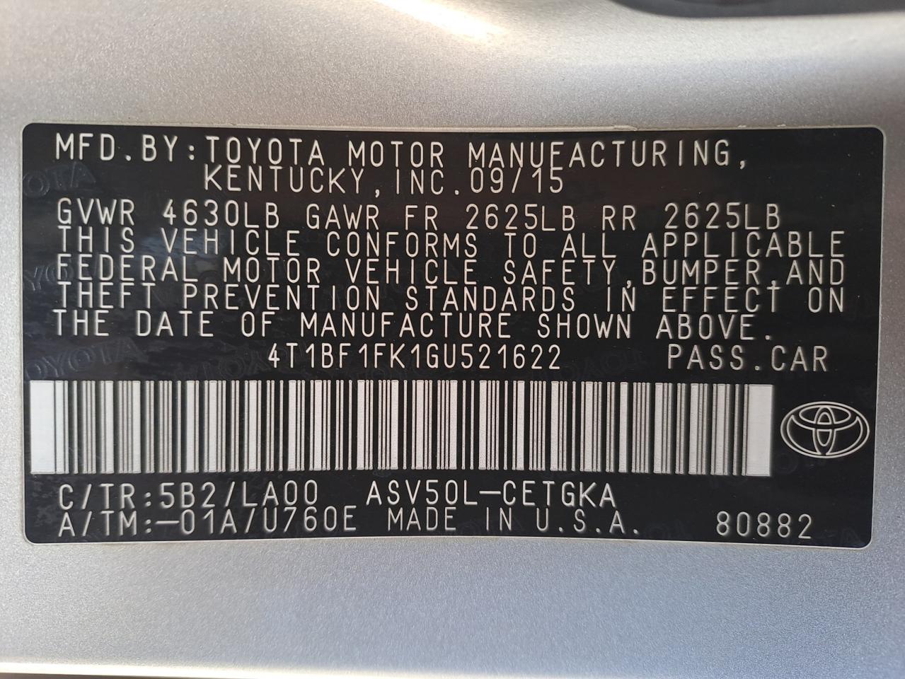4T1BF1FK1GU521622 - 2016 TOYOTA CAMRY - #45074575