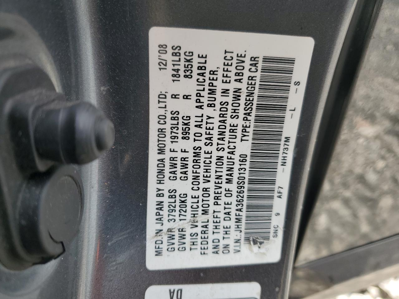 2009 Honda Civic Hybrid VIN: JHMFA36269S013160 Lot: 45328165