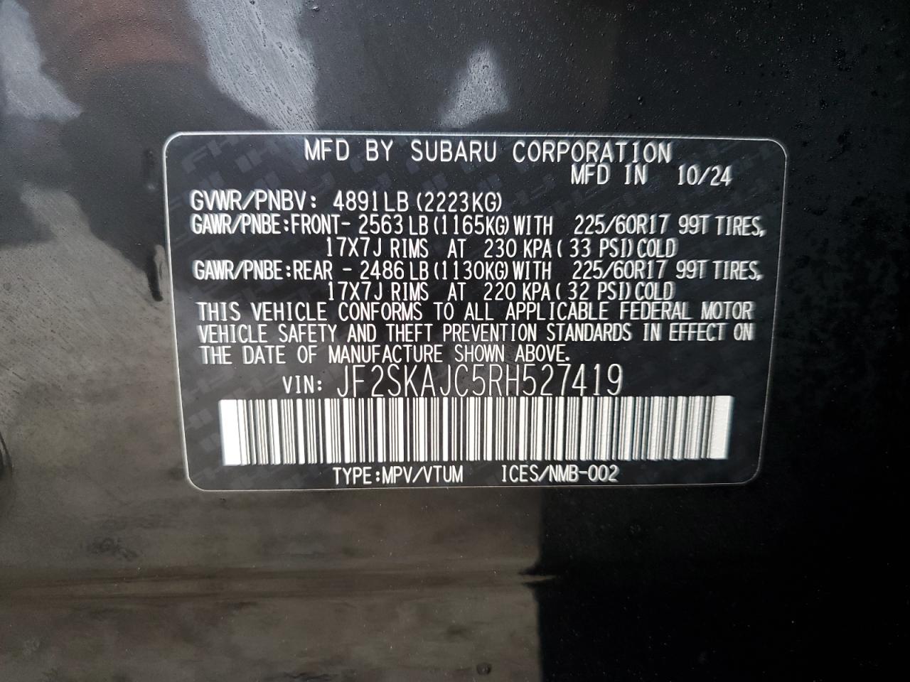 2024 Subaru Forester Wilderness VIN: JF2SKAJC5RH527419 Lot: 44836535