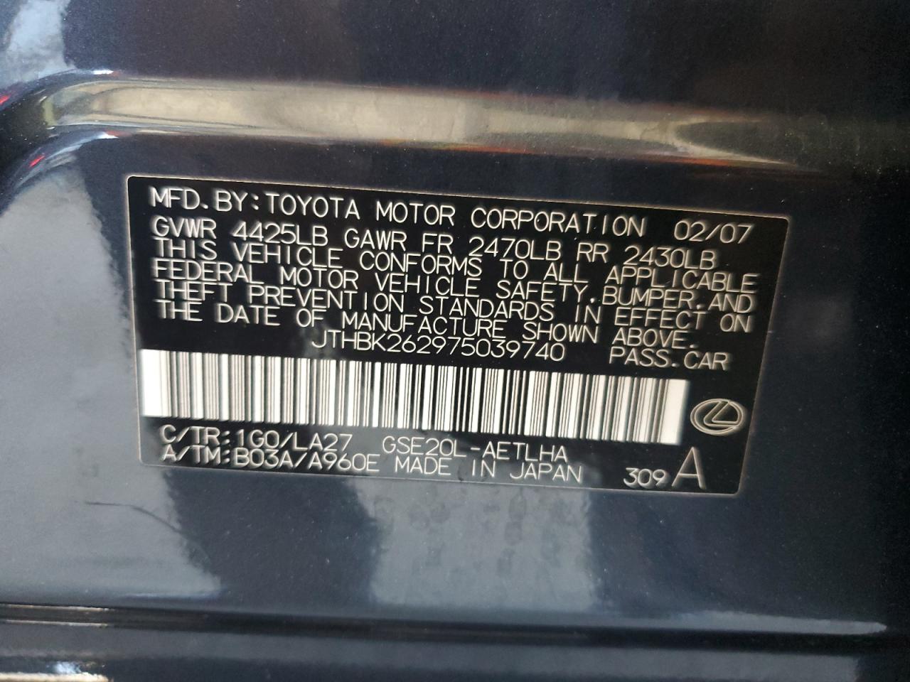 2007 Lexus Is 250 VIN: JTHBK262975039740 Lot: 46733635