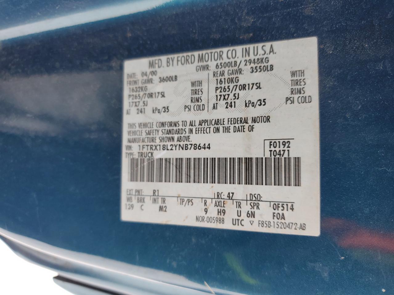 2000 Ford F150 VIN: 1FTRX18L2YNB78644 Lot: 57224795