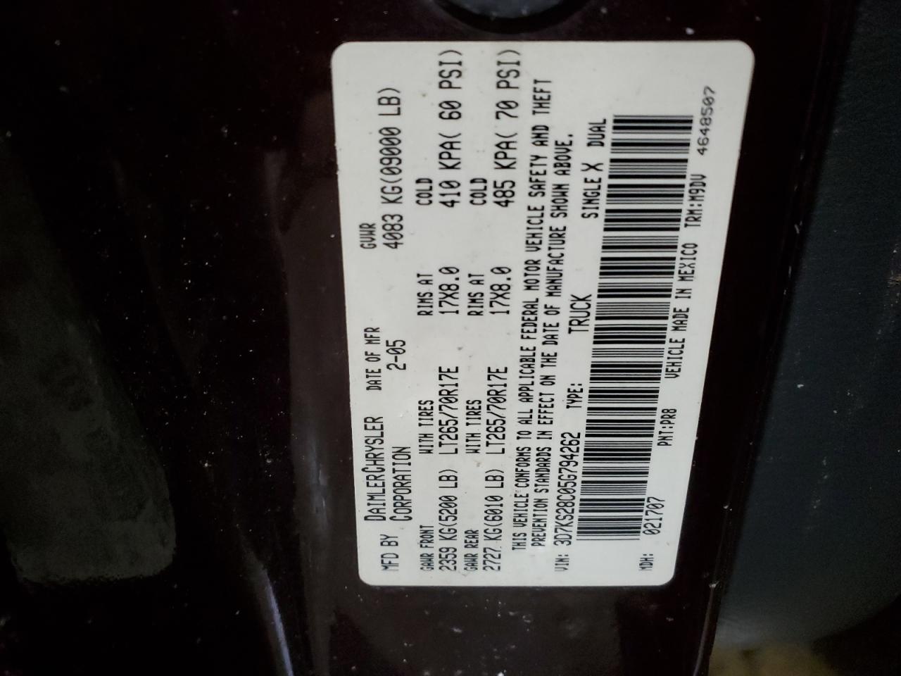 2005 Dodge Ram 2500 St VIN: 3D7KS28C05G794262 Lot: 44212815