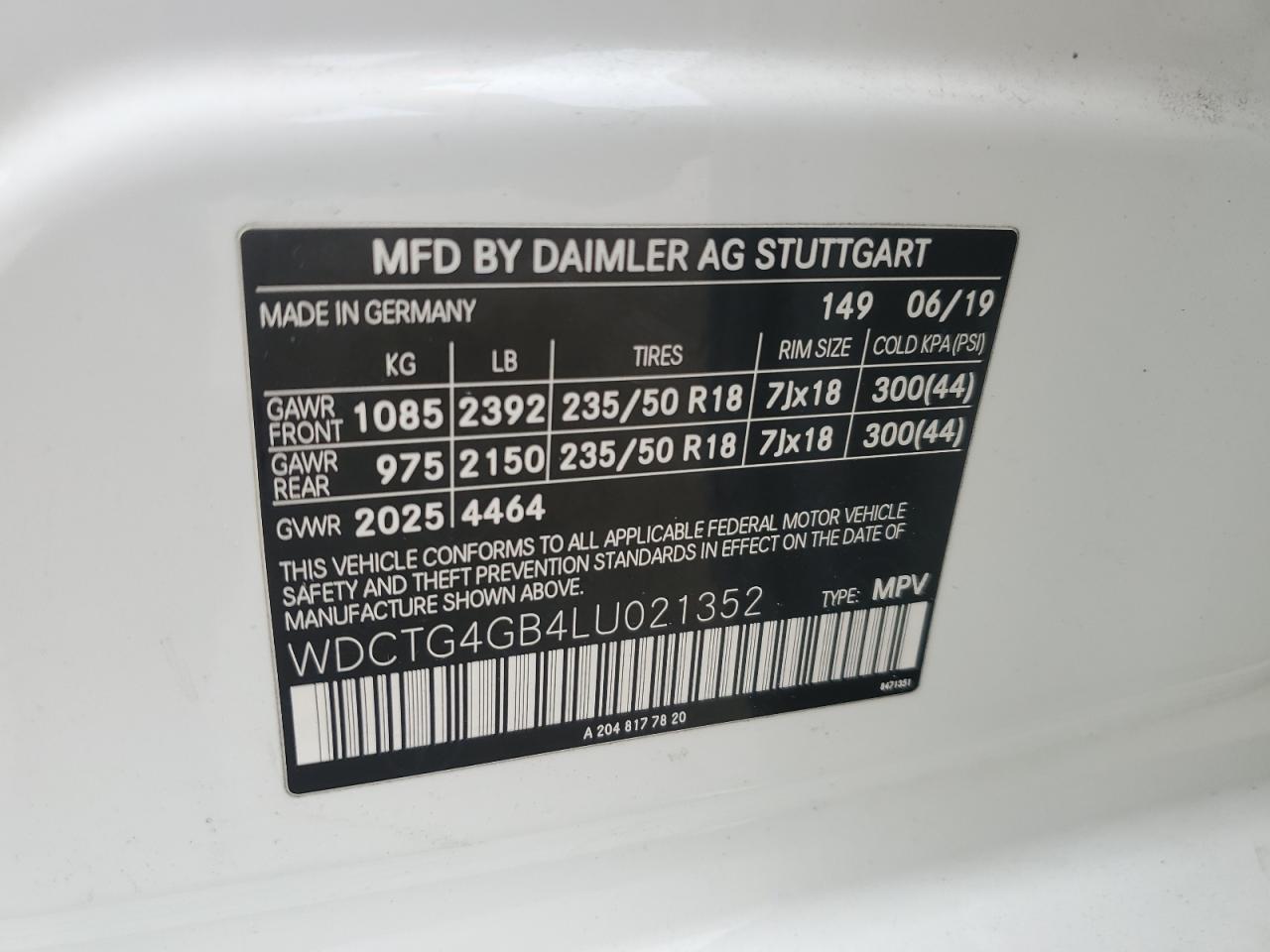 2020 Mercedes-Benz Gla 250 4Matic VIN: WDCTG4GB4LU021352 Lot: 47240935