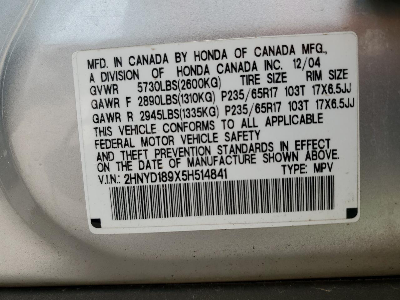 2005 Acura Mdx Touring VIN: 2HNYD189X5H514841 Lot: 45206005