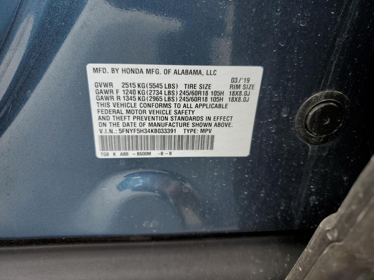 VIN: 5FNYF5H34KB033391 2019 HONDA PILOT