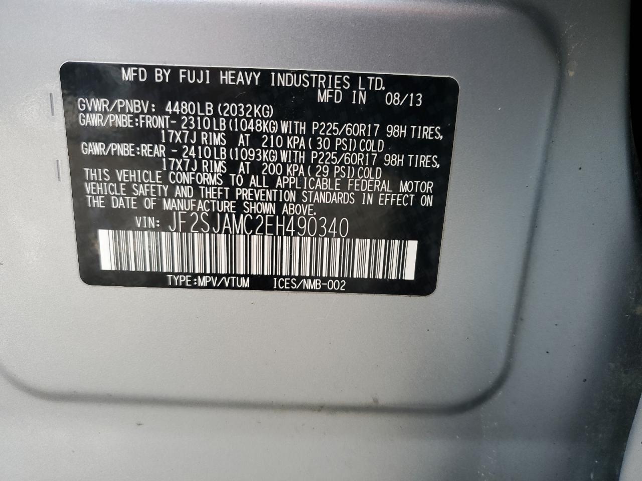 2014 Subaru Forester 2.5I Touring VIN: JF2SJAMC2EH490340 Lot: 46982655