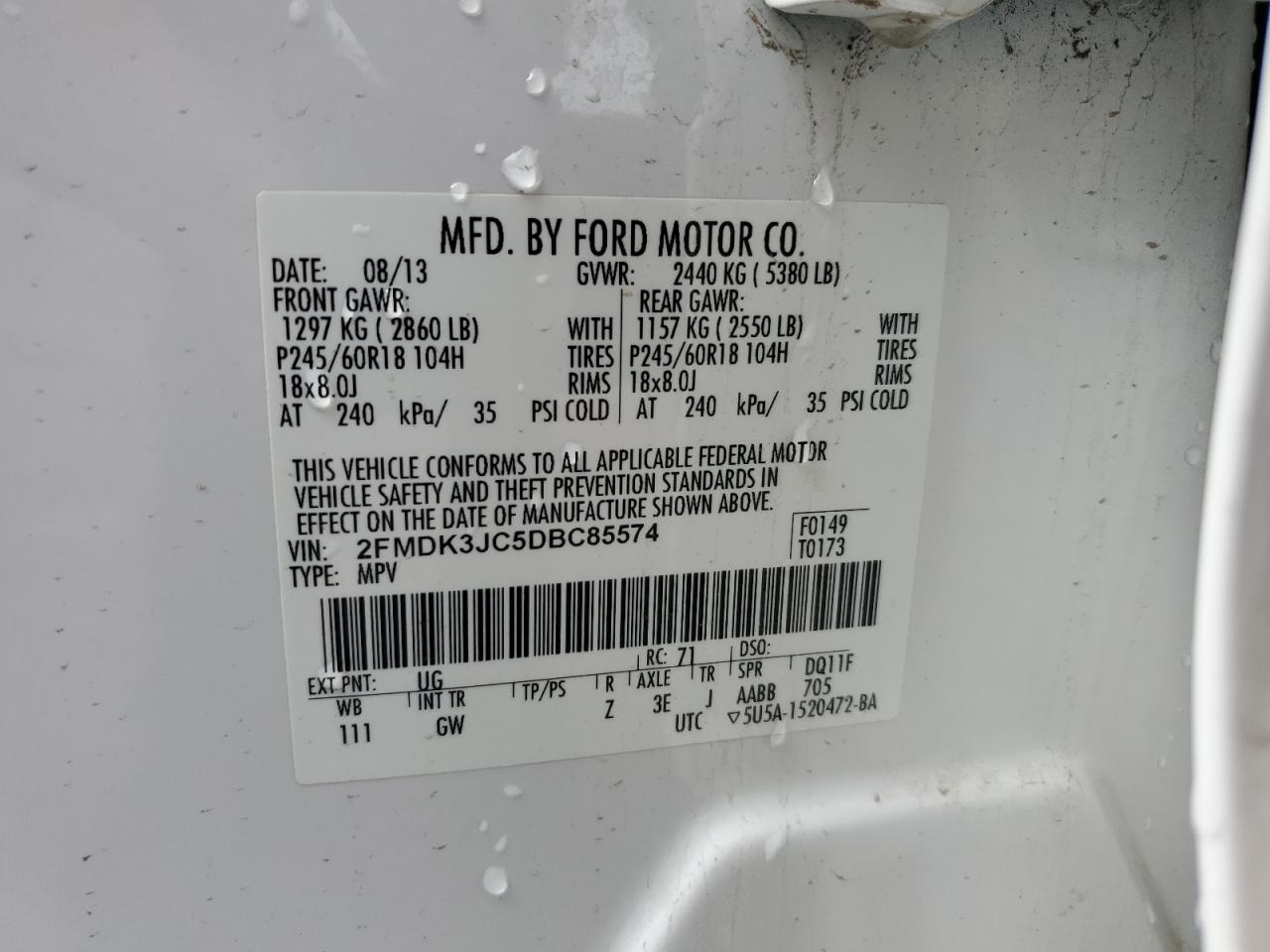 2013 Ford Edge Sel VIN: 2FMDK3JC5DBC85574 Lot: 45560825