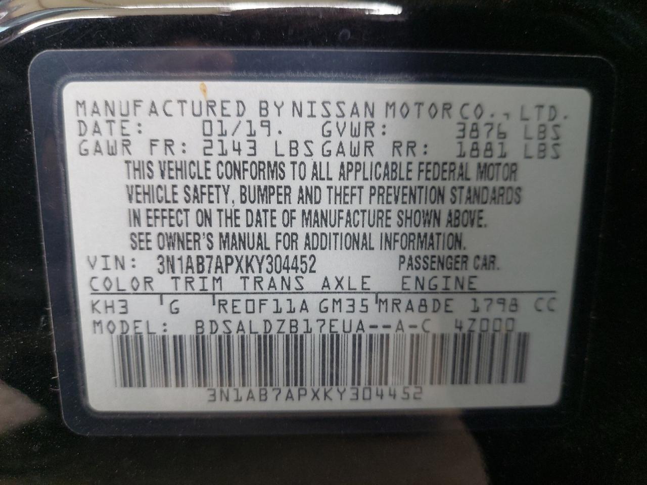 3N1AB7APXKY304452 - 2019 Nissan SENTRA - #46970285