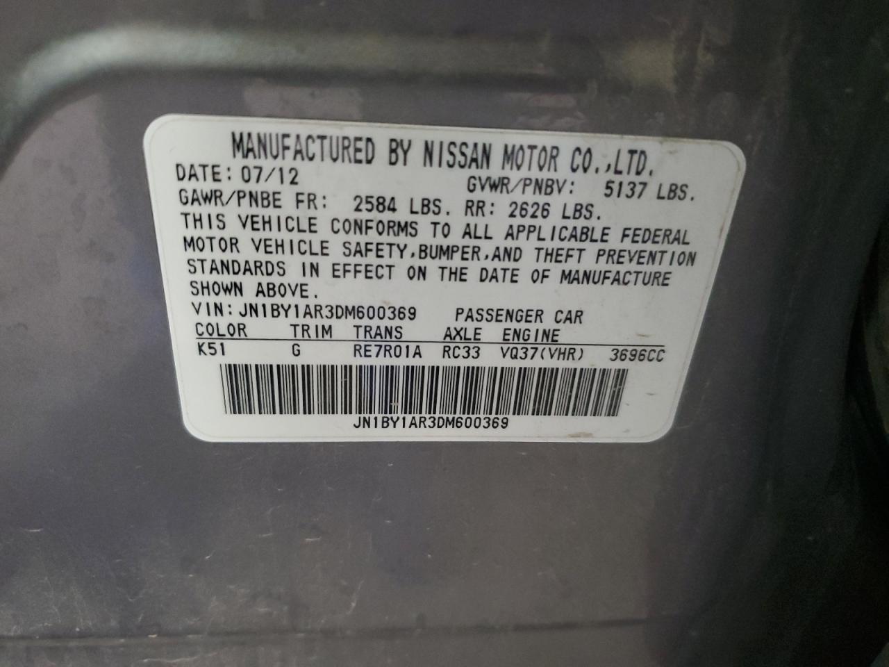2013 Infiniti M37 X VIN: JN1BY1AR3DM600369 Lot: 46716995