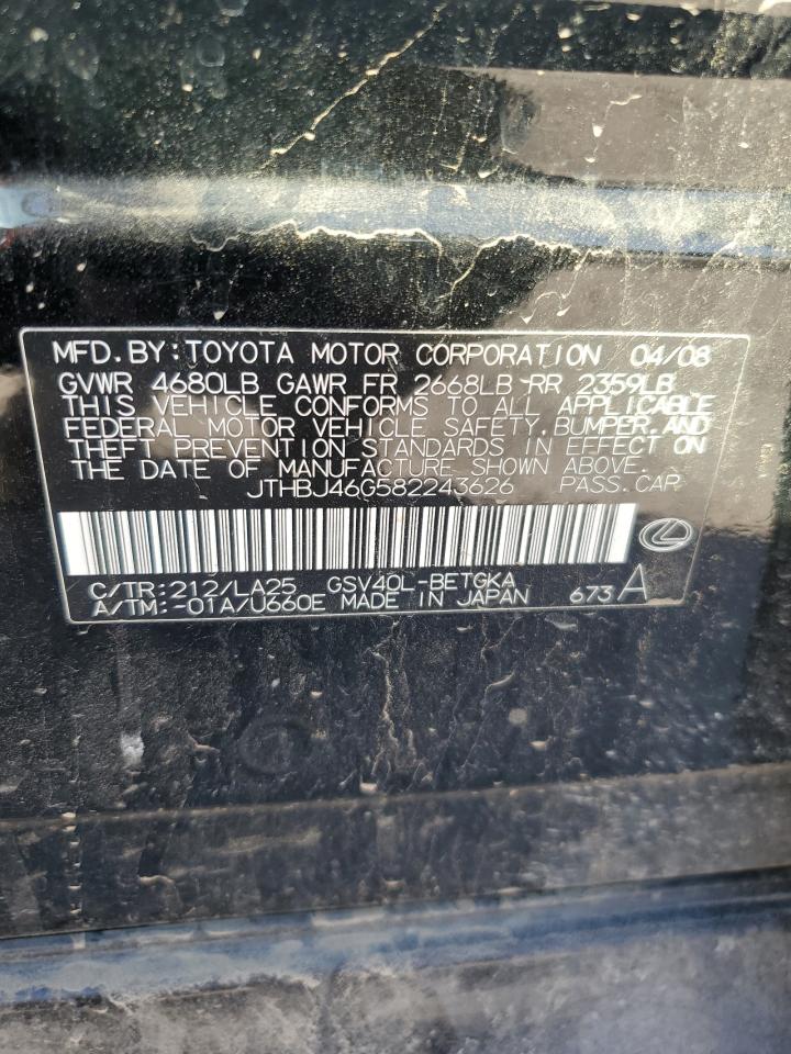 2008 Lexus Es 350 VIN: JTHBJ46G582243626 Lot: 47207085