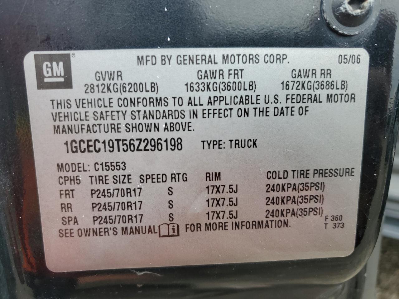 2006 Chevrolet Silverado C1500 VIN: 1GCEC19T56Z296198 Lot: 45704525