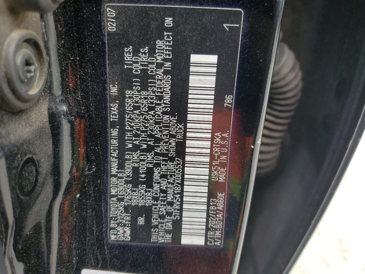 2007 Toyota Tundra Double Cab Sr5 VIN: 5TFRV54187X005537 Lot: 44689915