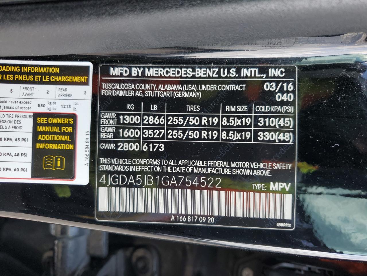 2016 Mercedes-Benz Gle 350 VIN: 4JGDA5JB1GA754522 Lot: 44168805
