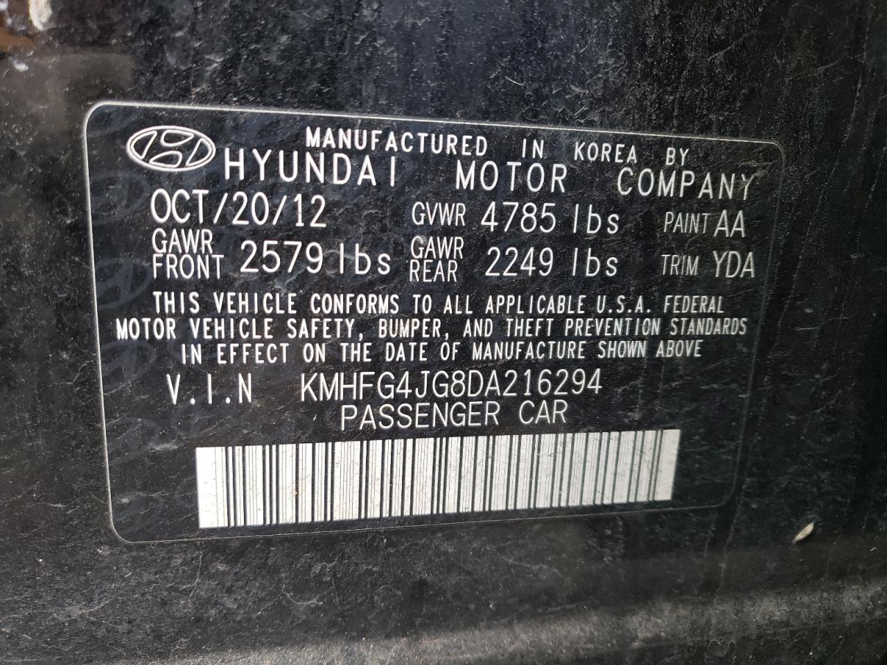 2013 Hyundai Azera VIN: KMHFG4JG8DA216294 Lot: 43011195