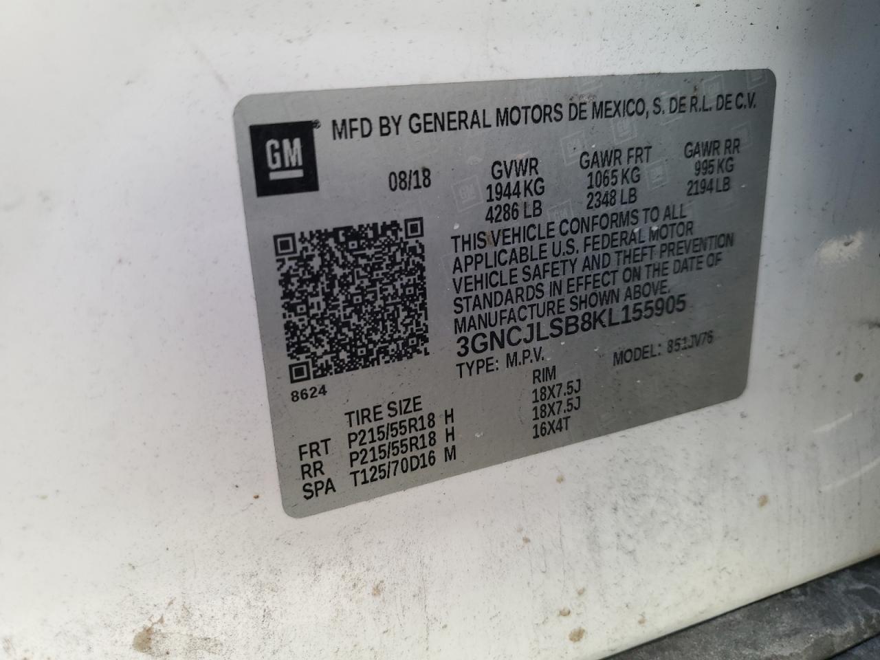 2019 Chevrolet Trax 1Lt VIN: 3GNCJLSB8KL155905 Lot: 45020915