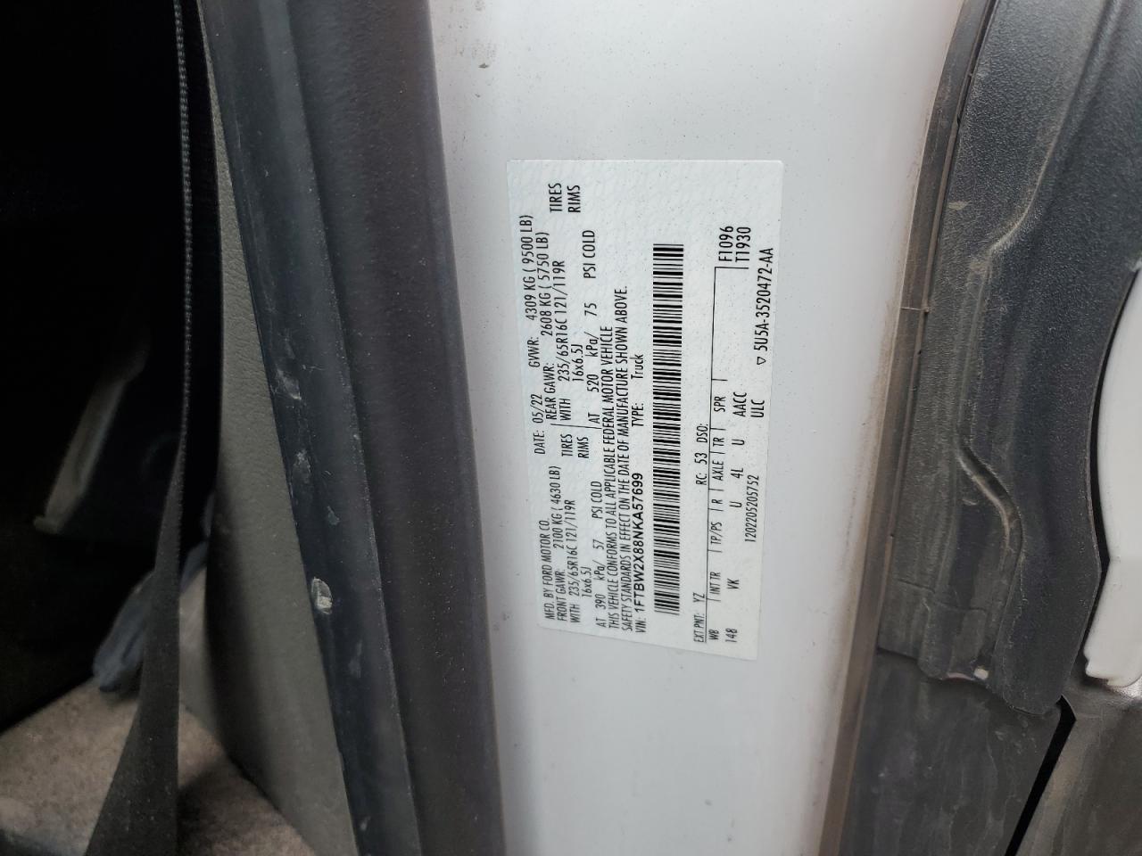 2022 Ford Transit T-350 VIN: 1FTBW2X88NKA57699 Lot: 48149634