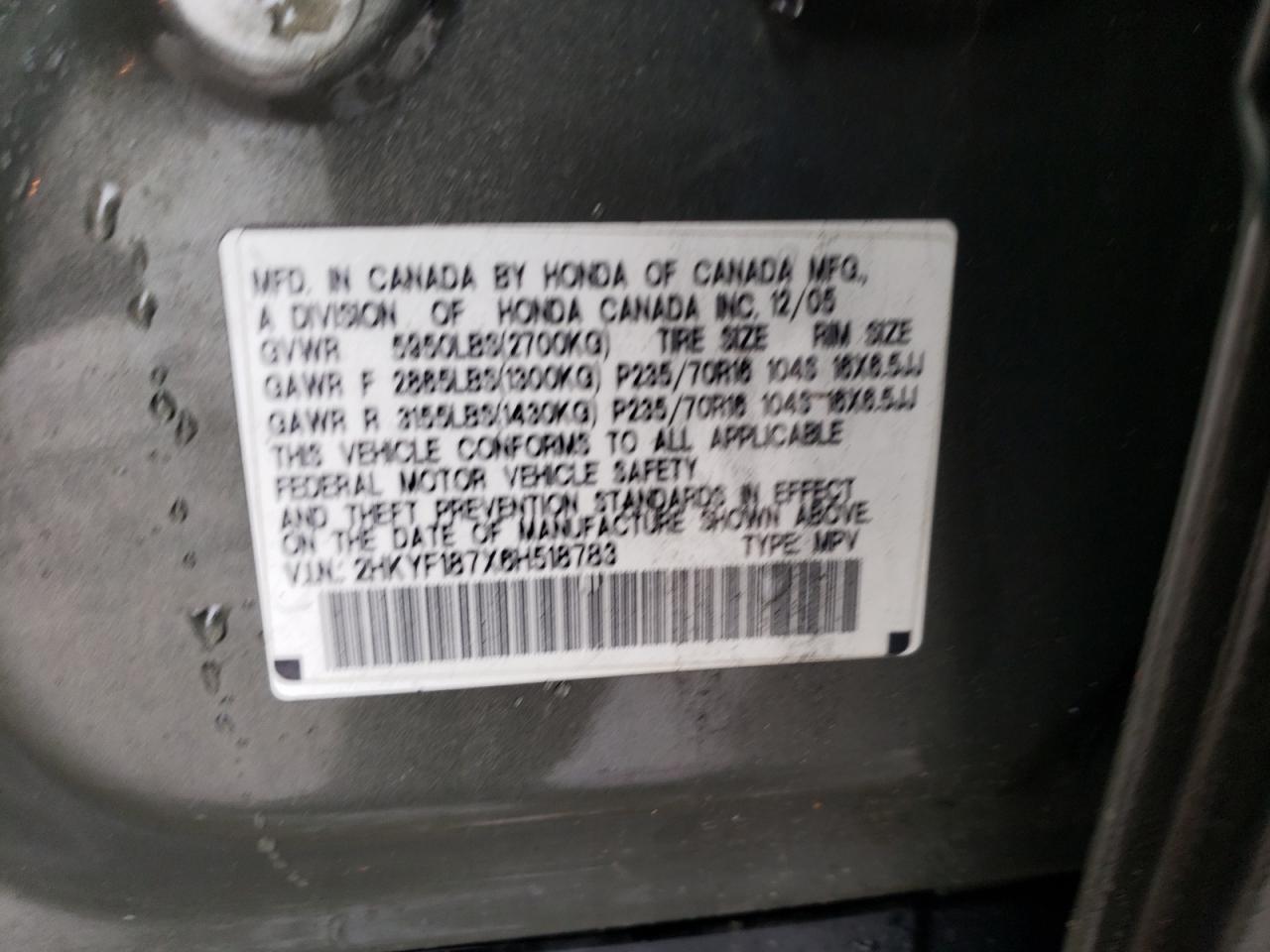 2006 Honda Pilot Ex VIN: 2HKYF187X6H518783 Lot: 45406624