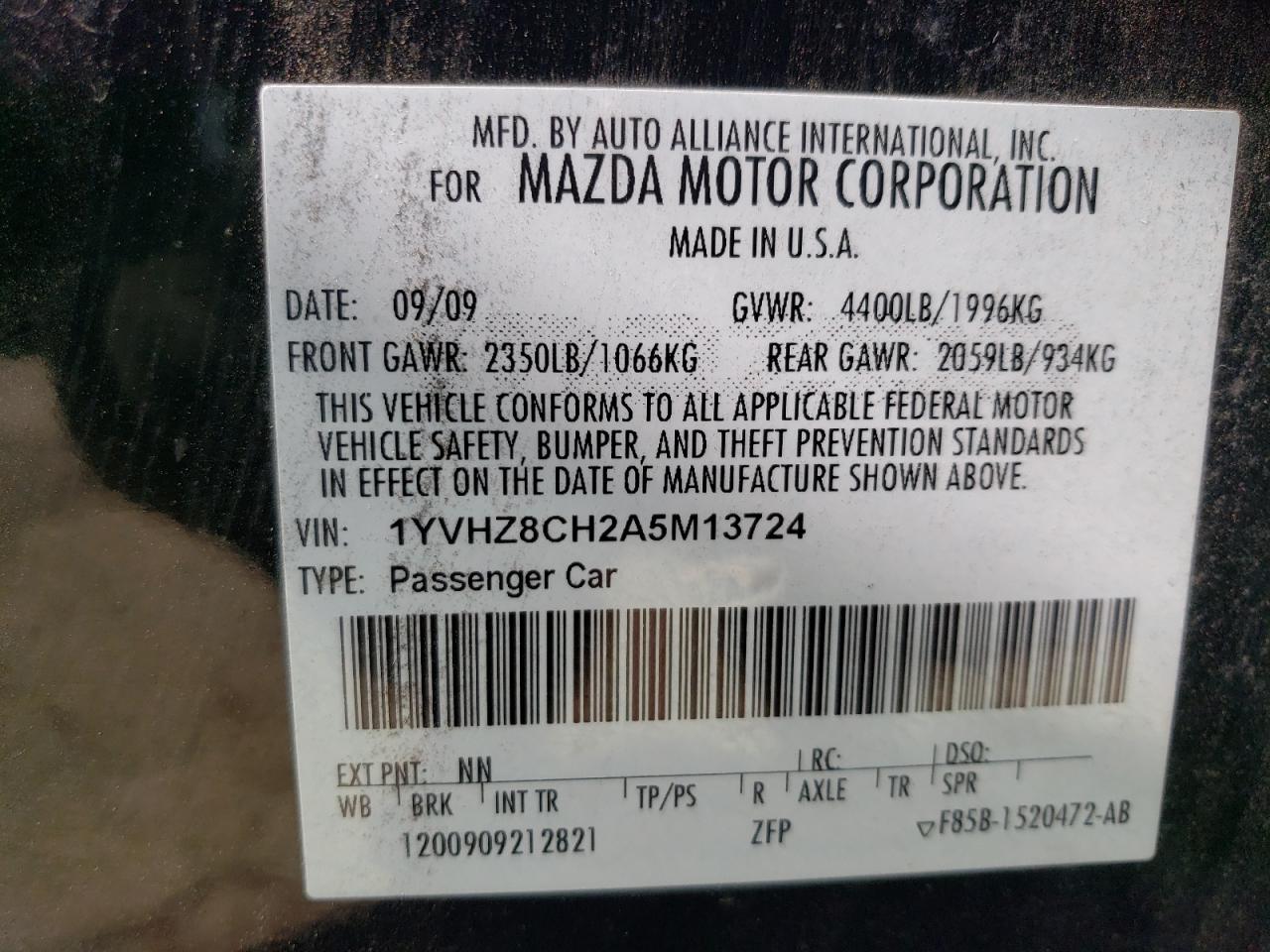 1YVHZ8CH2A5M13724 2010 Mazda 6 I